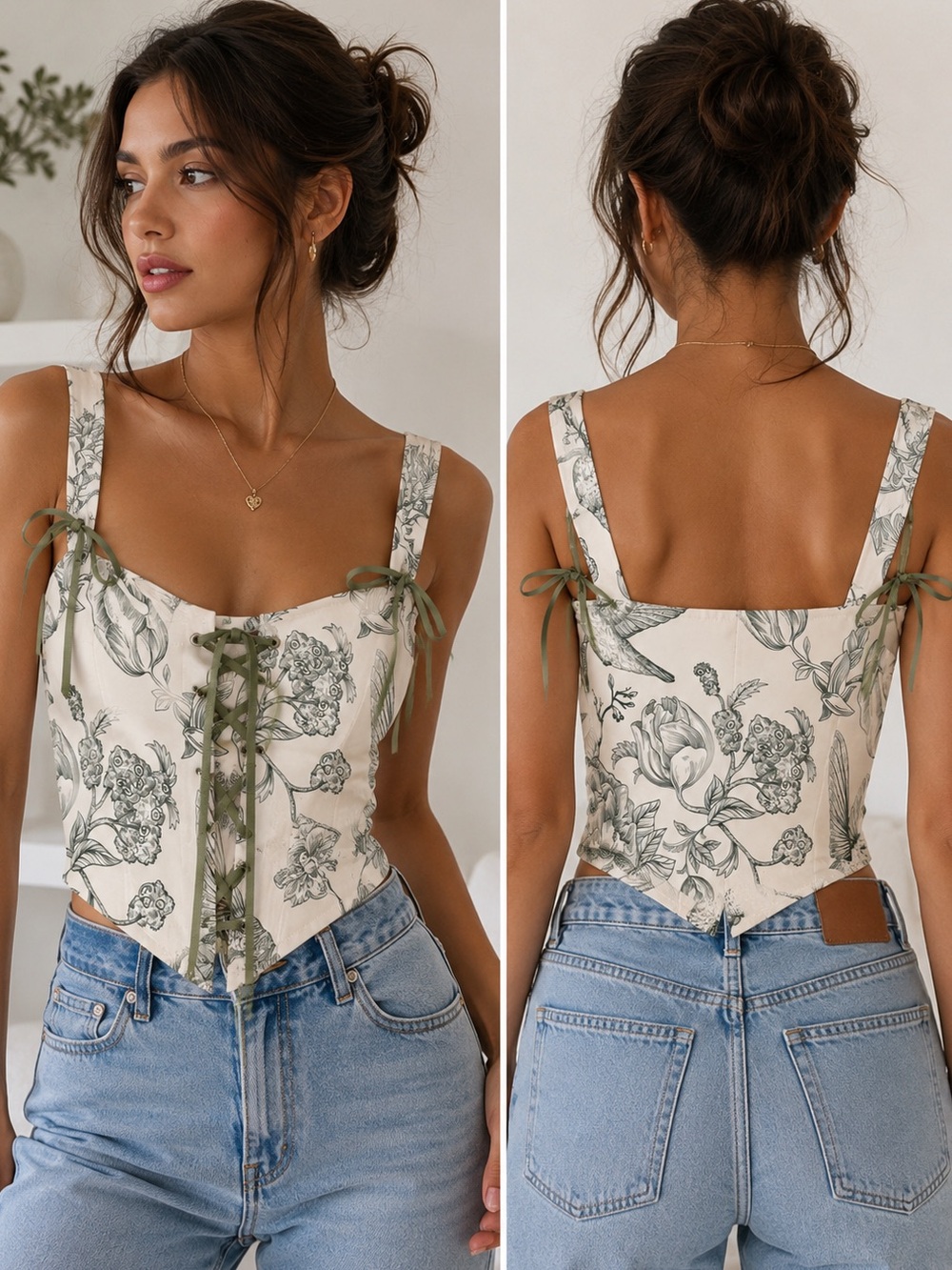Fairycore Corset Top Floral Print Cottagecore Bustier Lace Up Small - Picture 2 of 13